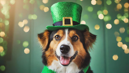 Happy Saint Patrick's Day! Cute Australian Shepherd dog in green leprechaun hat with bokeh background.の素材