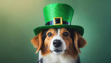 Portrait of a cute dog in a hat of leprechaunの素材