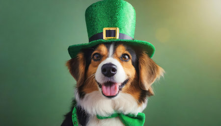 Happy Saint Patrick's Day. Funny dog in green leprechaun hat on green background.の素材