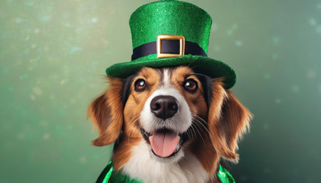 Leprechaun dog with leprechaun hat on green backgroundの素材