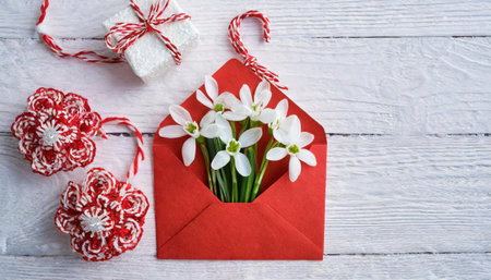 Bouquet of snowdrops in a red envelope on a white wooden backgroundの素材