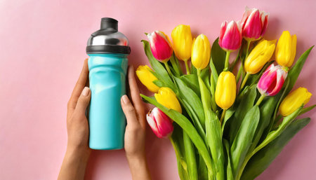 Female hands with bottle of protein shake and tulips on color backgroundの素材