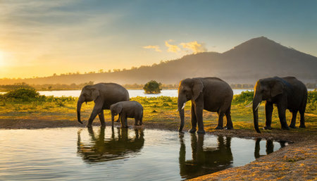 Elephants drinking at a waterhole in Chiang Mai, Thailandの素材