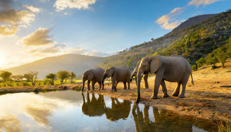 Elephants drinking at a waterhole in Kruger National Park, South Africaの素材