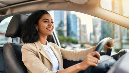 Beautiful businesswoman driving a car in the city. business conceptの素材