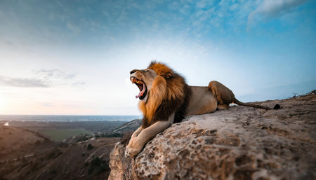 Lion sitting on a rock and yawning. The lion is the king of the jungle.の素材