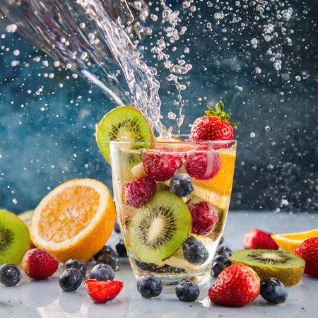 Water splash in glass with fruits, berries and water drops on blue backgroundの素材