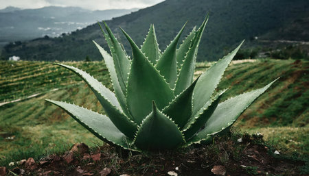 Aloe vera plant in the mountains of Sicily, Italy.の素材