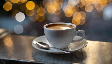 Coffee cup on table in coffee shop with bokeh backgroundの素材