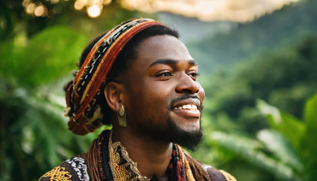 Portrait of a young african man wearing traditional clothes and headscarfの素材