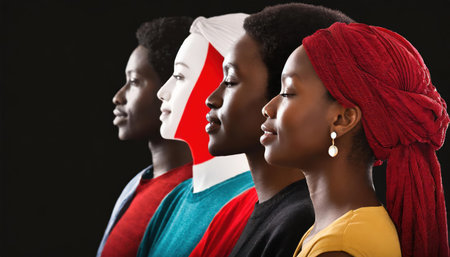 Group of young african american people in profile, black backgroundの素材