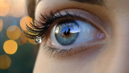 Close up of beautiful woman's blue eye with long eyelashes.の素材