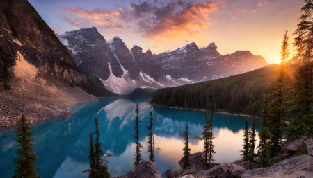 Sunrise at Moraine Lake in Banff National Park, Alberta, Canadaの素材
