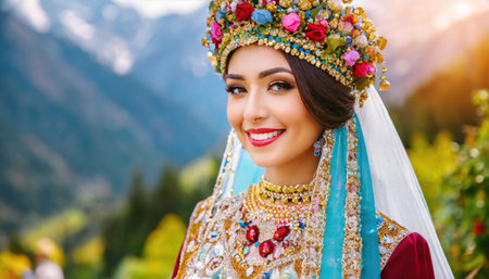 Beautiful woman in indian wedding dress on the background of mountainsの素材