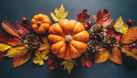 Autumn background with pumpkins, leaves and berries on dark backgroundの素材