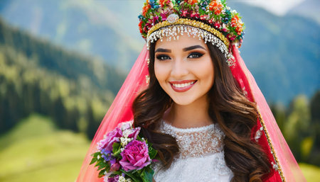 Beautiful bride in a wreath of flowers on the background of mountainsの素材