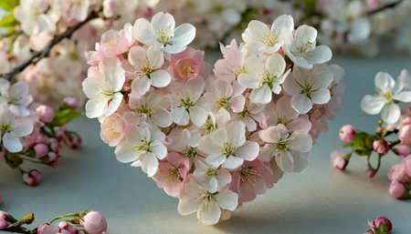 Beautiful cherry blossoms in the shape of a heart on a light backgroundの素材