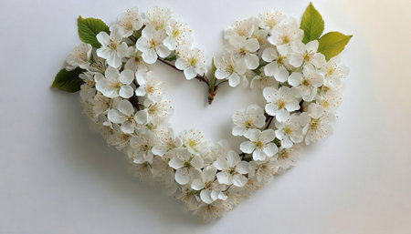 Flowers of cherry blossoms in the shape of a heart on a white backgroundの素材