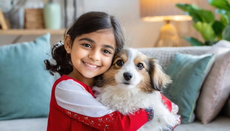 Portrait of smiling little girl in red dress with dog at homeの素材