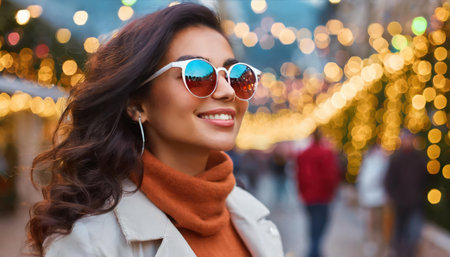 holidays, christmas and people concept - smiling young woman in sunglasses over christmas lights backgroundの素材