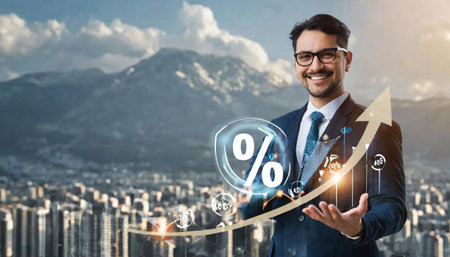 Young handsome Indian businessman in suit presenting growing graph with percent sign and cityscape on backgroundの素材