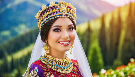 Beautiful indian woman in traditional costume on the background of mountainsの素材