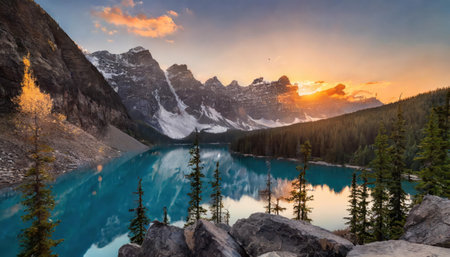 Sunset at Moraine Lake in Banff National Park, Alberta, Canadaの素材