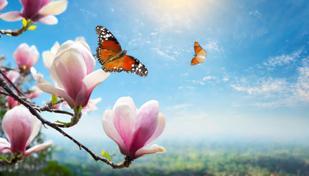 Magnolia flowers and butterfly on sky background. Beautiful nature scene.の素材