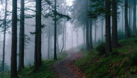 Path in the foggy forest. Mountain trail in the fog.の素材