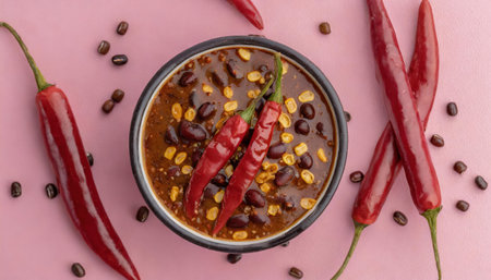 Chili sauce in bowl with chilli pepper on pink background.の素材