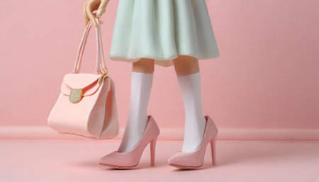 Women's shoes with high heels and handbag on pink background.の素材