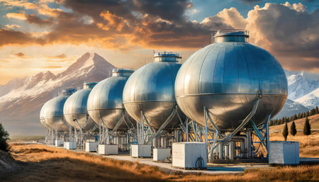 Natural gas tanks in the field at sunset. Torres del Paine National Park, Chileの素材