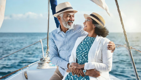 Happy senior couple on sailboat at sea. Cheerful senior man and woman sittingof yacht and looking at cameraの素材