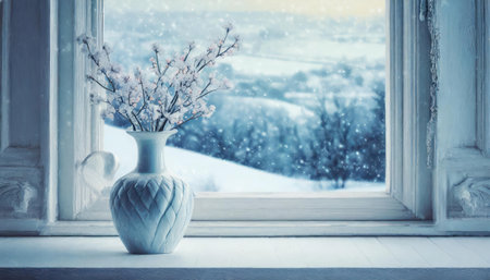 Vase with blossoming branches on window sill in snowy winter dayの素材