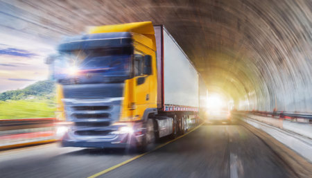 Truck moving on the road with motion blur background. Transportation concept.の素材