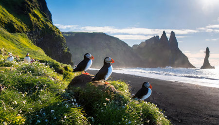 Puffins at Reynisfjara Beach, Iceland, Europeの素材