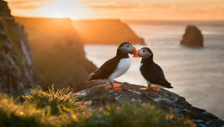 Puffins on cliffs at sunset in Faroe Islands, Denmarkの素材