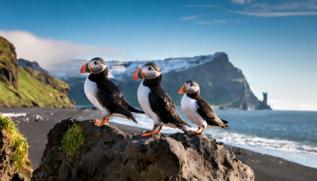 Puffins on the cliffs of Reynisfjara beach in Icelandの素材
