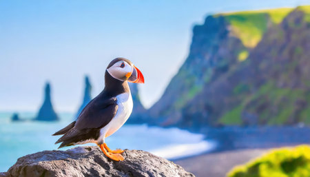 Puffin standing on a rock in front of the Atlantic Oceanの素材