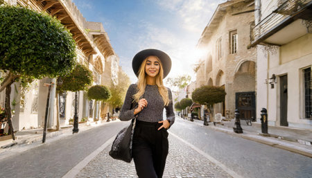 Beautiful young woman walking in the street of the old town.の素材