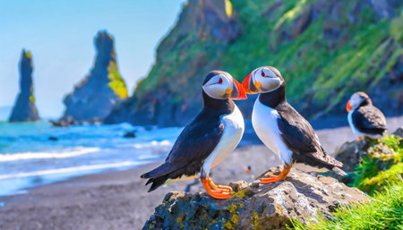 Puffins on the cliffs of Reynisfjara, Icelandの素材