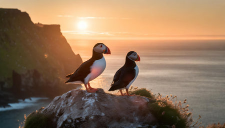 Puffins at sunset on the cliffs of the Faroe Islandsの素材
