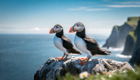 Puffins on the cliffs of Cliffs of Moher in Irelandの素材