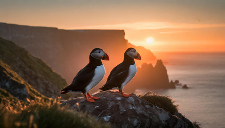 Puffins at sunset on the cliffs of Moher in Irelandの素材