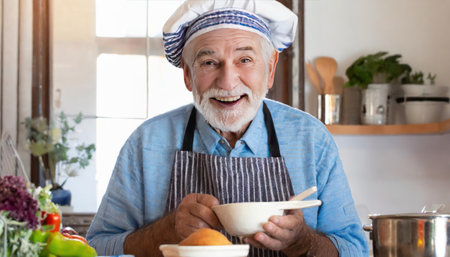 Portrait of senior man preparing food in the kitchen at home.の素材