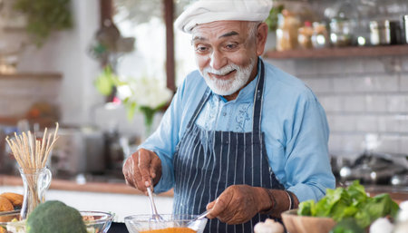 Portrait of senior asian man cooking in the kitchen at homeの素材