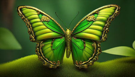 Beautiful green butterfly on a green background. 3d rendering.の素材