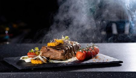 Beef steak with vegetables and spices on a black background. Restaurantの素材