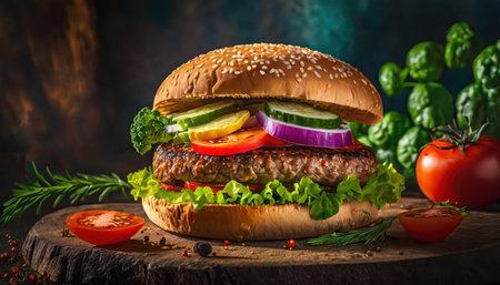 Homemade hamburger with fresh vegetables on wooden table. Dark background.の素材