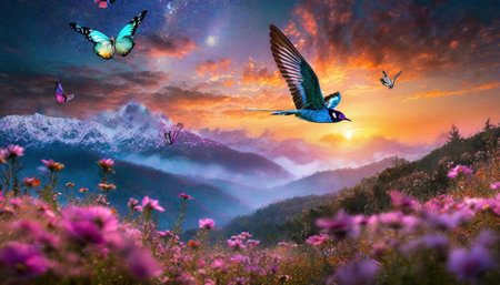 Beautiful fantasy landscape with flowers and flying butterflies. 3d renderingの素材